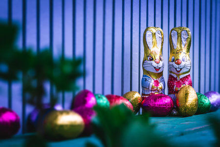 Chocolate Easter bunny hiding on the balcony, to look for Easter eggs