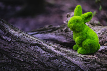 Chocolate easter bunny hiding on the balcony, easter egg huntの写真素材