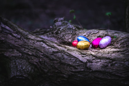 Chocolate Easter bunny hiding on the balcony, to look for Easter eggsの写真素材