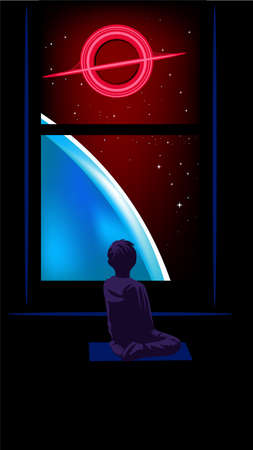 A lonely child dreaming at the window watching the cosmos. Beautiful and romantic illustrationのイラスト素材