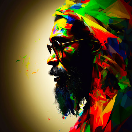 Abstract portrait of a man with a long beard and glasses on a colored background.の写真素材