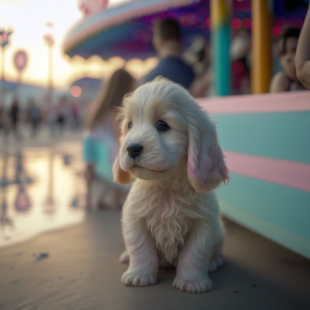 Cute little white puppy sitting on the beach at sunset time.の写真素材