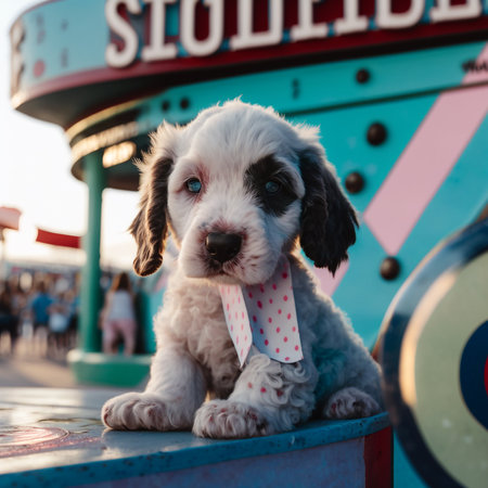 Cute white puppy with blue eyes and pink bow tie sitting on the platform in amusement parkの写真素材
