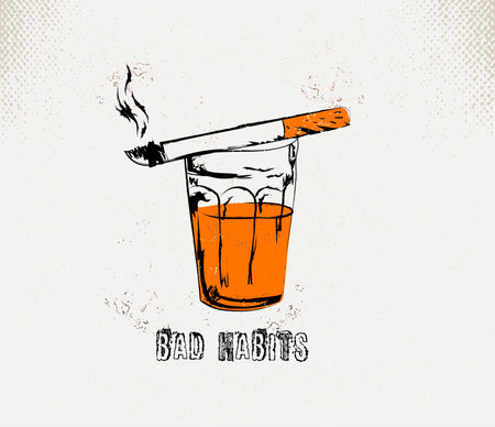 Cigarette in a glass. Hand drawn sketch. Vector illustration.のイラスト素材