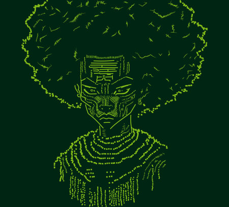 Experience the fusion of art and technology with captivating African robot girl in mesmerizing ASCII art style.の素材