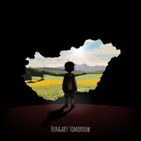 Silhouette of a boy on the background of the landscape. Vector illustrationの写真素材