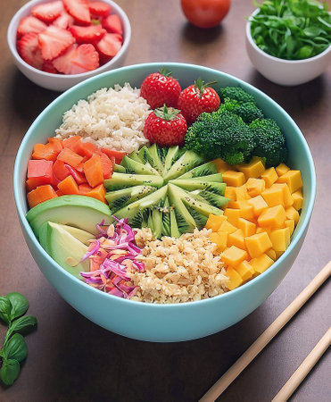 Bowl of healthy breakfast with rice, fruits and vegetables. Healthy eating concept.の写真素材
