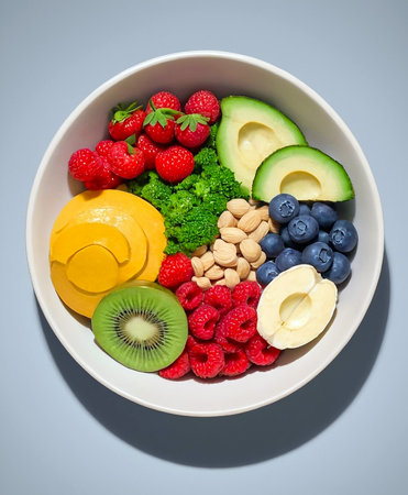Healthy breakfast bowl with fruits and vegetables. Balanced diet concept.の写真素材