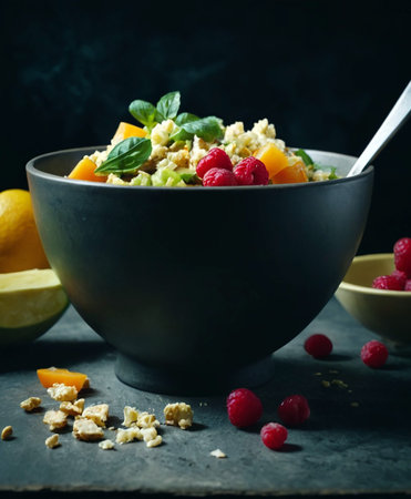 Healthy breakfast bowl with oatmeal, fresh fruits and berries on dark backgroundの写真素材