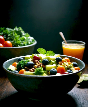 Healthy salad with avocado, blueberry, cherry tomatoes, walnuts and glass of orange juiceの写真素材