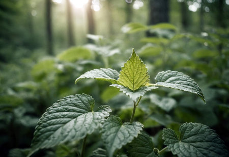Green leaves of nettle in the forest. Nature background with copy space.の素材