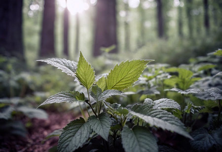 Nettle leaves in the forest. Nature background. Shallow depth of field.の素材