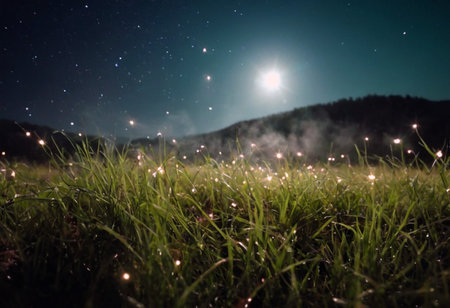 Night starry sky with stars and milky way over green grassの素材