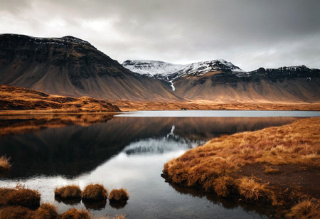 Icelandic landscape with lake and mountains. Long exposure photo.の素材
