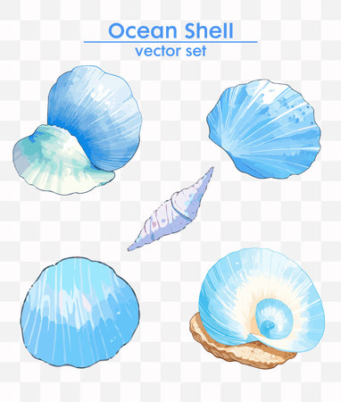 Elegant ocean shell vector set in stunning blue tones. Perfect for summer designs, marine themes, and creative projects. High-quality, vector file.のイラスト素材
