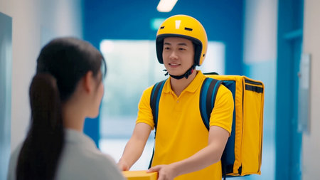 delivery man in yellow helmet delivering parcel box to recipient - courier service conceptの素材
