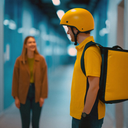 A friendly courier in uniform delivers a package to a happy customer. Perfect for business, logistics, and online shopping concepts.の素材