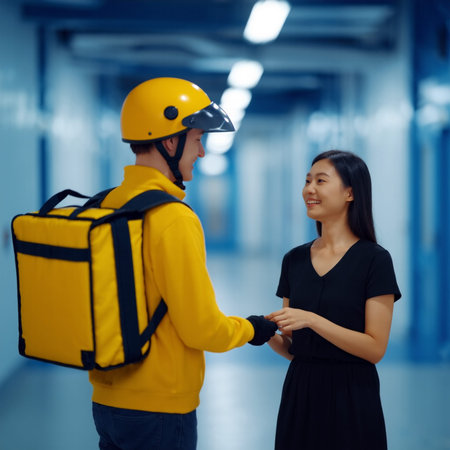 A friendly courier in uniform delivers a package to a happy customer. Perfect for business, logistics, and online shopping concepts.の素材