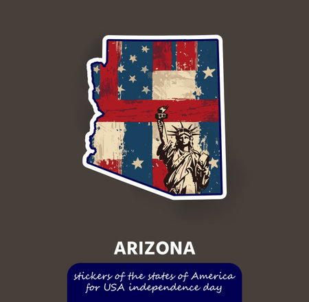 Show your Arizona pride with this vintage-style sticker featuring the state's outline, the American flag, and the iconic Statue of Liberty!のイラスト素材