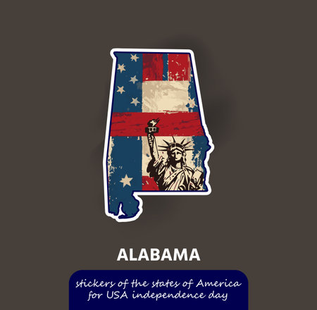 Show your Alabama pride with this vintage-style sticker featuring the state's outline, the American flag, and the iconic Statue of Liberty!のイラスト素材