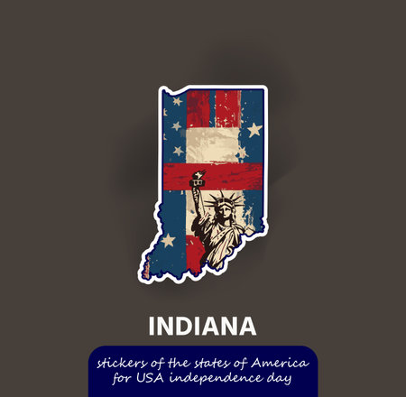 Show your Indiana pride with this vintage-style sticker featuring the state's outline, the American flag, and the iconic Statue of Liberty!のイラスト素材