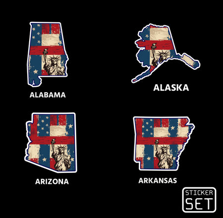 Bold vintage state stickers with a patriotic twist â celebrate American spirit with Liberty and iconic flag textures for each state outline!のイラスト素材