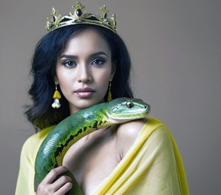 Elegant portrait of a queenly woman adorned with a crown and snake, embodying beauty, strength, and mystiqueâideal for themes of empowerment and luxury.の素材