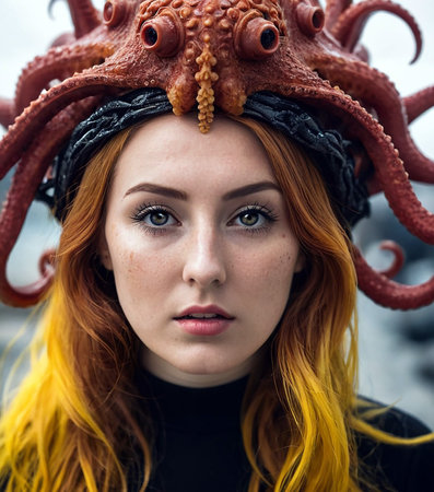 Beautiful redhead girl with dragon horns on her head. Beauty, fashion.の素材