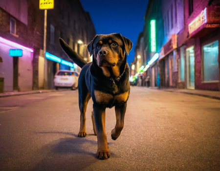 Rottweiler dog in the street at night. Selective focus.の素材
