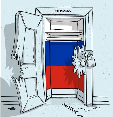 Russia's path to freedom. A political illustration of a broken but locked door with the national flag. A metaphor for struggle and hope.のイラスト素材