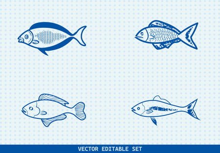 This editable vector set features four unique hand-drawn fish illustrations. perfect for seafood menus, kids' books, educational materials, aquarium infographicsのイラスト素材