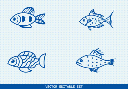 This editable vector set features four unique hand-drawn fish illustrations. perfect for seafood menus, kids' books, educational materials, aquarium infographicsのイラスト素材