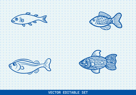 This editable vector set features four unique hand-drawn fish illustrations. perfect for seafood menus, kids' books, educational materials, aquarium infographicsのイラスト素材