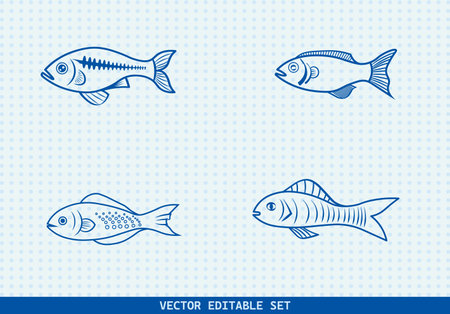 This editable vector set features four unique hand-drawn fish illustrations. perfect for seafood menus, kids' books, educational materials, aquarium infographicsのイラスト素材