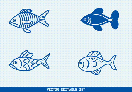 This editable vector set features four unique hand-drawn fish illustrations. perfect for seafood menus, kids' books, educational materials, aquarium infographicsのイラスト素材