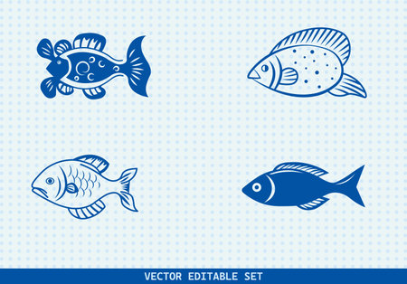 This editable vector set features four unique hand-drawn fish illustrations. perfect for seafood menus, kids' books, educational materials, aquarium infographicsのイラスト素材