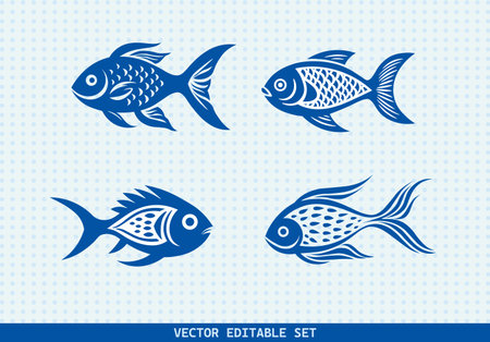 This editable vector set features four unique hand-drawn fish illustrations. perfect for seafood menus, kids' books, educational materials, aquarium infographicsのイラスト素材