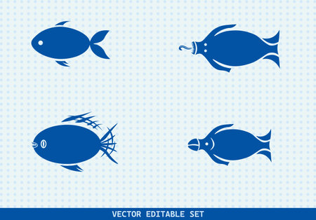 This editable vector set features four unique hand-drawn fish illustrations. perfect for seafood menus, kids' books, educational materials, aquarium infographicsのイラスト素材