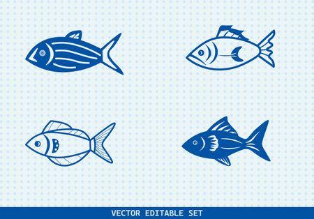 This editable vector set features four unique hand-drawn fish illustrations. perfect for seafood menus, kids' books, educational materials, aquarium infographicsのイラスト素材