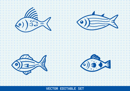 This editable vector set features four unique hand-drawn fish illustrations. perfect for seafood menus, kids' books, educational materials, aquarium infographicsのイラスト素材