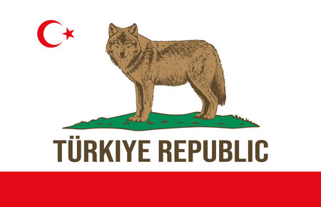The modern flag of the Republic of Turkey with the symbol of a wolf. A minimalist and powerful design for printing. California flag styleのイラスト素材