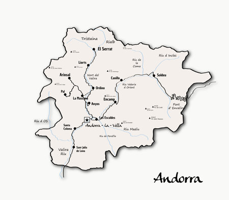 Elegant vintage-style vector map of Andorra with labeled parishes, rivers and peaks.のイラスト素材