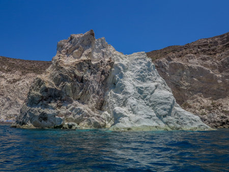 view from the sea of the white beach of Santoriniの写真素材