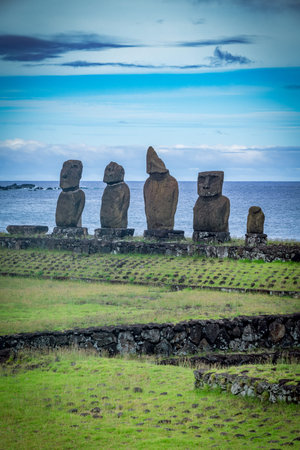 moais in Tahai at sunset, Rapa Nui, Easter Islandの写真素材