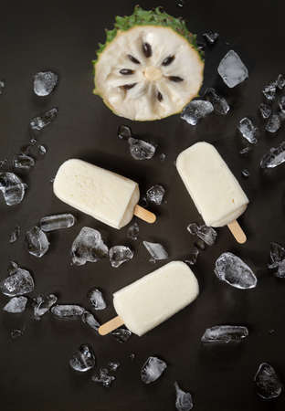 Homemade Soursop ice cream garnished with pieces of ice and soursop fruit, top viewの写真素材