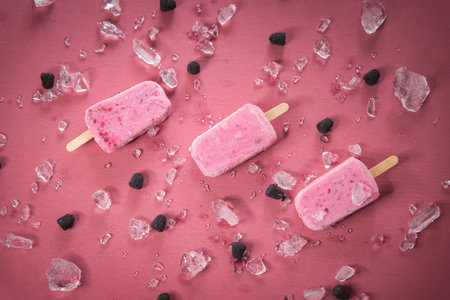 Homemade blackberry ice cream  garnished with pieces of ice and blackberry candies with leaves, top...
