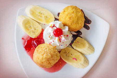 Fried ice-cream and whipped creamの写真素材