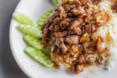 Fried Pork with Garlic Pepper on Riceの写真素材