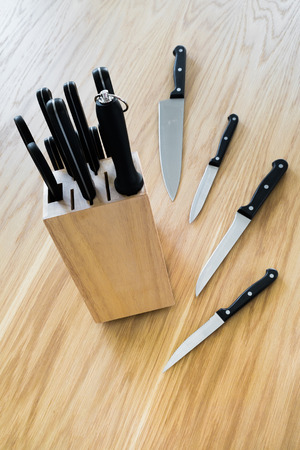 Set of kitchen knife on wooden tableの写真素材