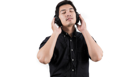 Isolated asian man with headsetの写真素材